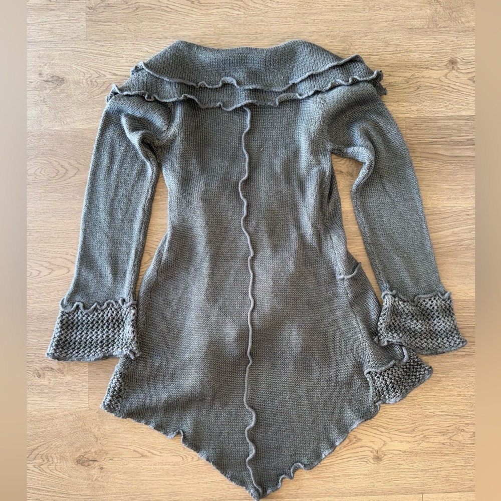 Boston Proper Asymmetrical Crochet Boho Gray Knit Ruffled Belted Cardigan Sz XS - Picture 5 of 16